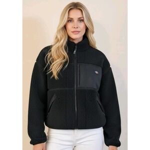 Dickies XL Black Sherpa Fleece Full Zip Cropped Jacket Workwear Streetwear Cozy